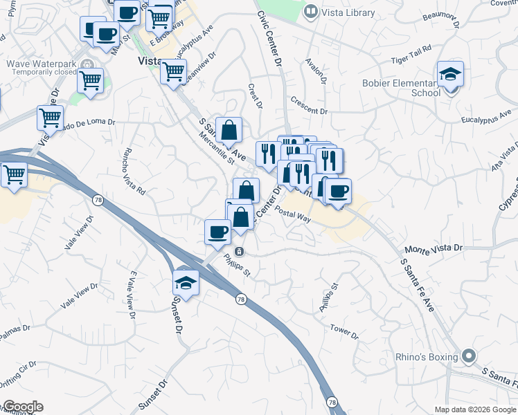 map of restaurants, bars, coffee shops, grocery stores, and more near 985 Civic Center Drive in Vista