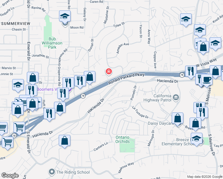 map of restaurants, bars, coffee shops, grocery stores, and more near 1280 Hacienda Drive in Vista