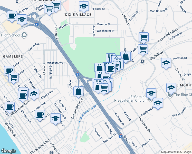 map of restaurants, bars, coffee shops, grocery stores, and more near 1698 Oceanside Boulevard in Oceanside