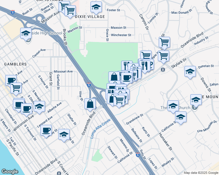map of restaurants, bars, coffee shops, grocery stores, and more near 1698 Oceanside Boulevard in Oceanside