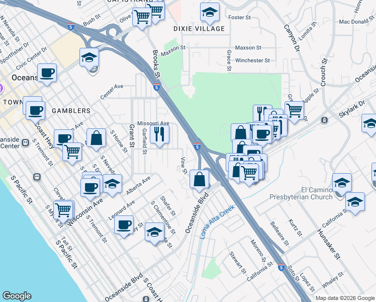 map of restaurants, bars, coffee shops, grocery stores, and more near 615 Vine Street in Oceanside