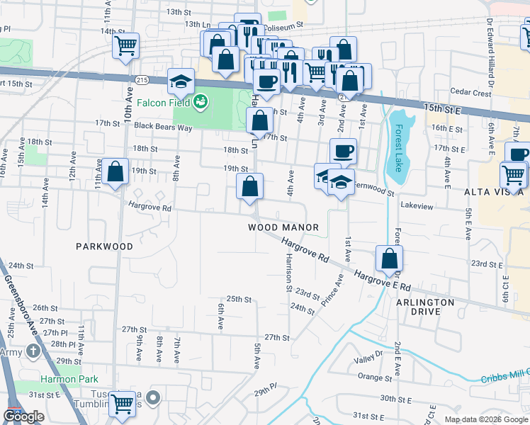 map of restaurants, bars, coffee shops, grocery stores, and more near 2115 Hackberry Lane in Tuscaloosa