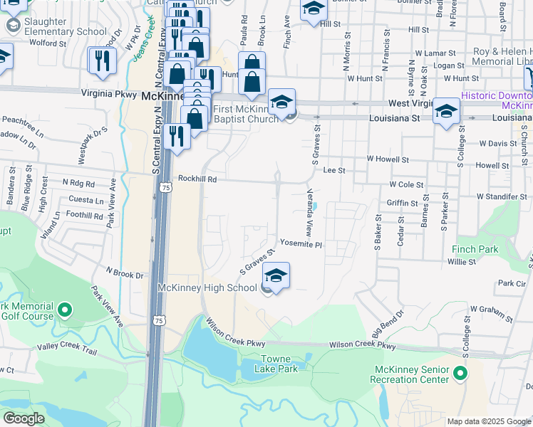 map of restaurants, bars, coffee shops, grocery stores, and more near 600 South Graves Street in McKinney