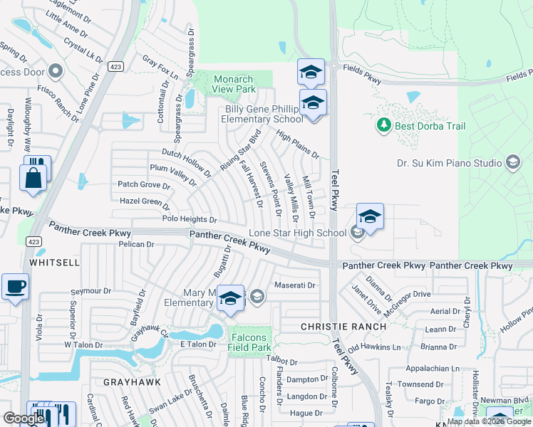 map of restaurants, bars, coffee shops, grocery stores, and more near 13714 Fall Harvest Drive in Frisco