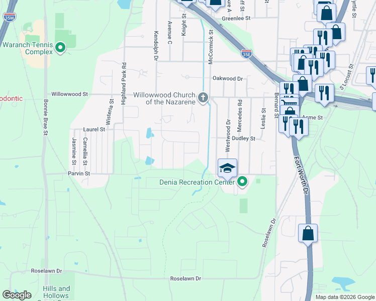 map of restaurants, bars, coffee shops, grocery stores, and more near 2314 McCormick Street in Denton