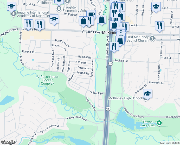 map of restaurants, bars, coffee shops, grocery stores, and more near 803 Park View Avenue in McKinney