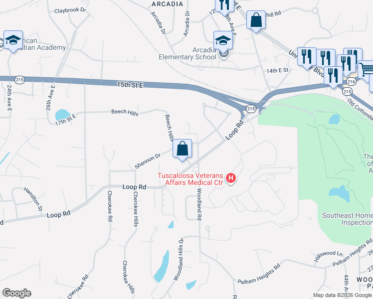 map of restaurants, bars, coffee shops, grocery stores, and more near 2906 Lewis Lane in Tuscaloosa