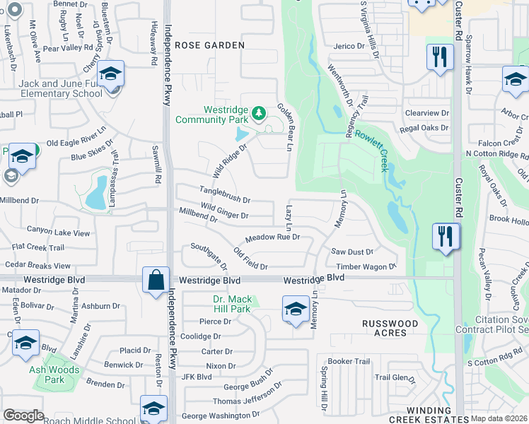 map of restaurants, bars, coffee shops, grocery stores, and more near 1305 Rain Fern Drive in McKinney