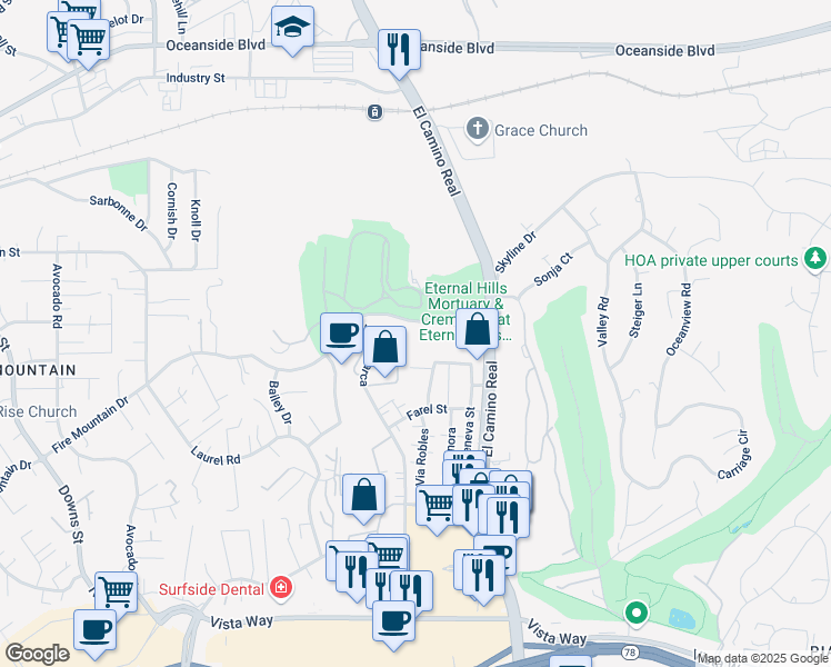 map of restaurants, bars, coffee shops, grocery stores, and more near 2929 Fire Mountain Drive in Oceanside