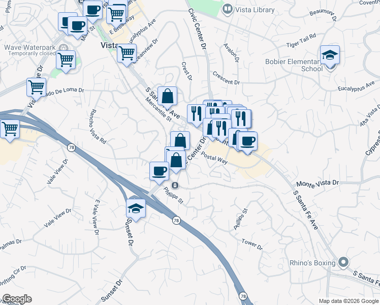 map of restaurants, bars, coffee shops, grocery stores, and more near 985 Civic Center Drive in Vista