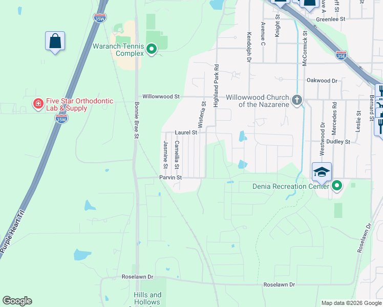 map of restaurants, bars, coffee shops, grocery stores, and more near 2008 Wisteria Street in Denton