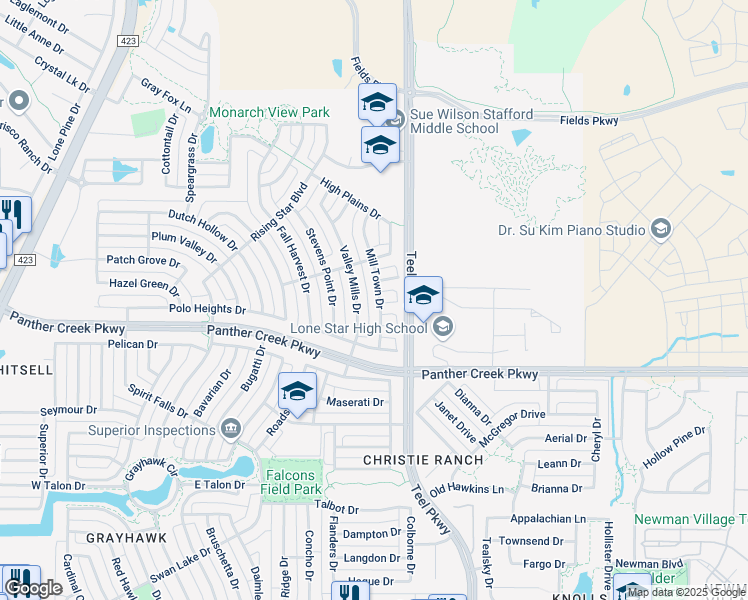 map of restaurants, bars, coffee shops, grocery stores, and more near 13733 Mill Town Drive in Frisco