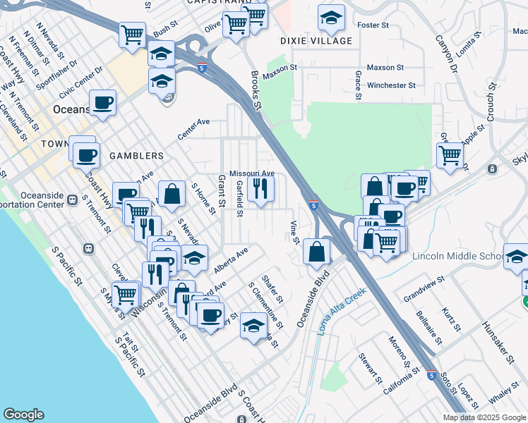 map of restaurants, bars, coffee shops, grocery stores, and more near in Camp Pendleton North