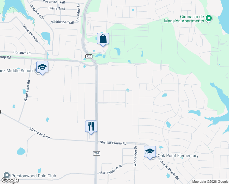 map of restaurants, bars, coffee shops, grocery stores, and more near 3297 Farm to Market Road 720 in Oak Point
