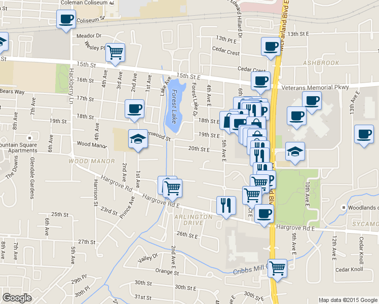 map of restaurants, bars, coffee shops, grocery stores, and more near 20 Lakeview in Tuscaloosa