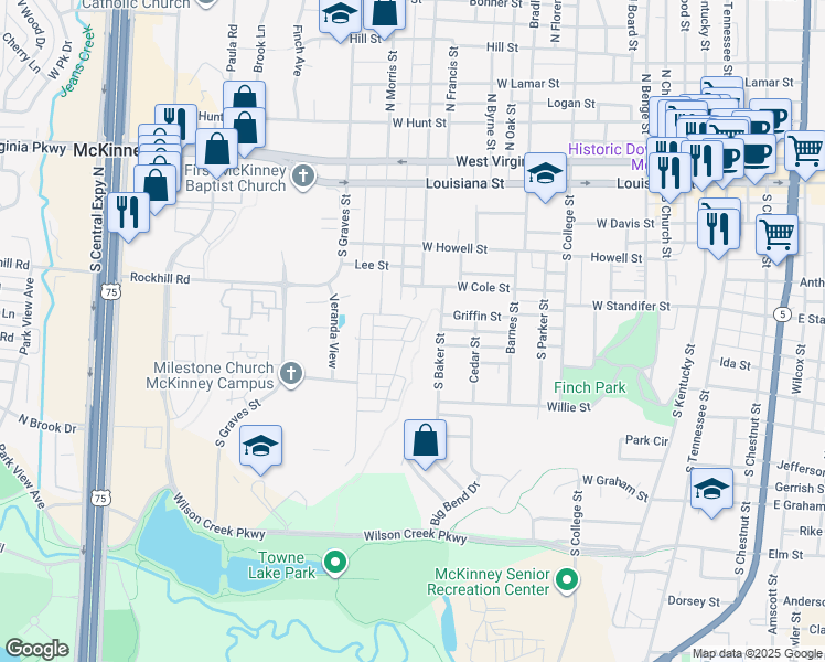 map of restaurants, bars, coffee shops, grocery stores, and more near 1205 Park Hill Lane in McKinney
