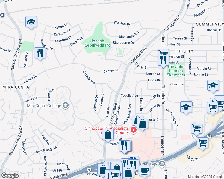map of restaurants, bars, coffee shops, grocery stores, and more near Roselle Avenue in Oceanside