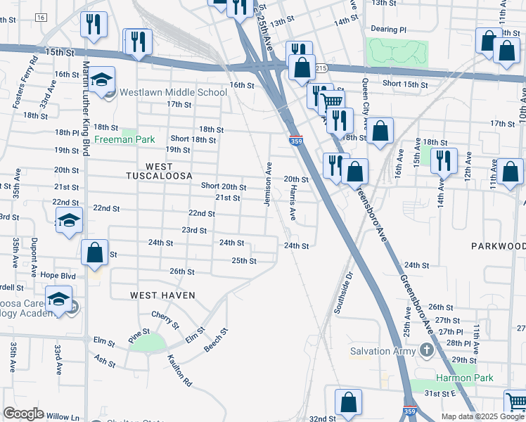 map of restaurants, bars, coffee shops, grocery stores, and more near 2118 Jemison Avenue in Tuscaloosa
