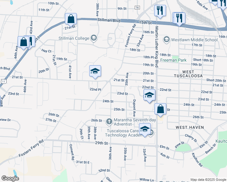 map of restaurants, bars, coffee shops, grocery stores, and more near 2311 Herman Avenue in Tuscaloosa