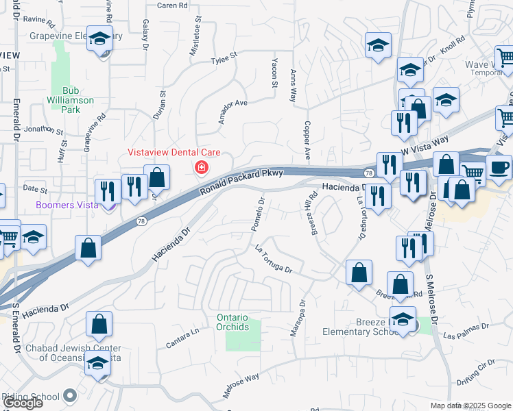 map of restaurants, bars, coffee shops, grocery stores, and more near 315 Pomelo Drive in Vista