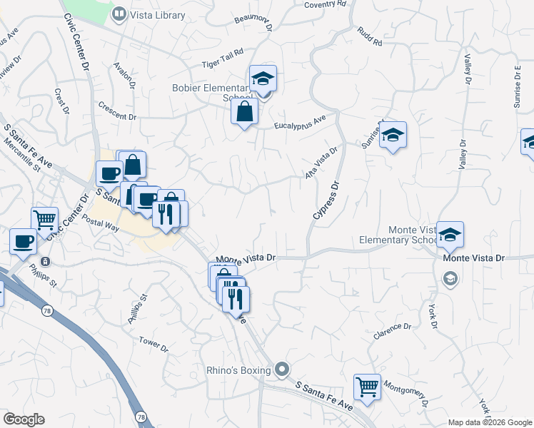 map of restaurants, bars, coffee shops, grocery stores, and more near 1160 Monte Vista Drive in Vista