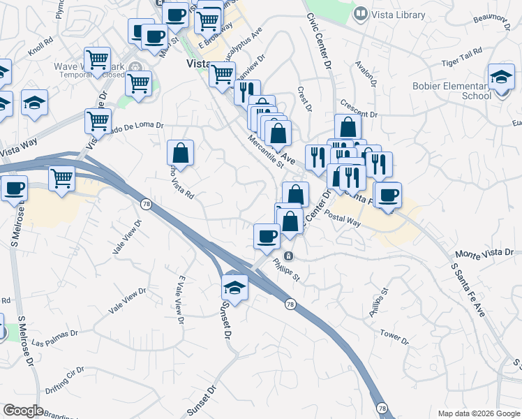 map of restaurants, bars, coffee shops, grocery stores, and more near 226 Lyon Circle in Vista