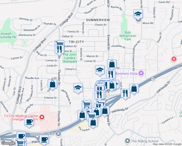 map of restaurants, bars, coffee shops, grocery stores, and more near 310 Nettleton Road in Vista