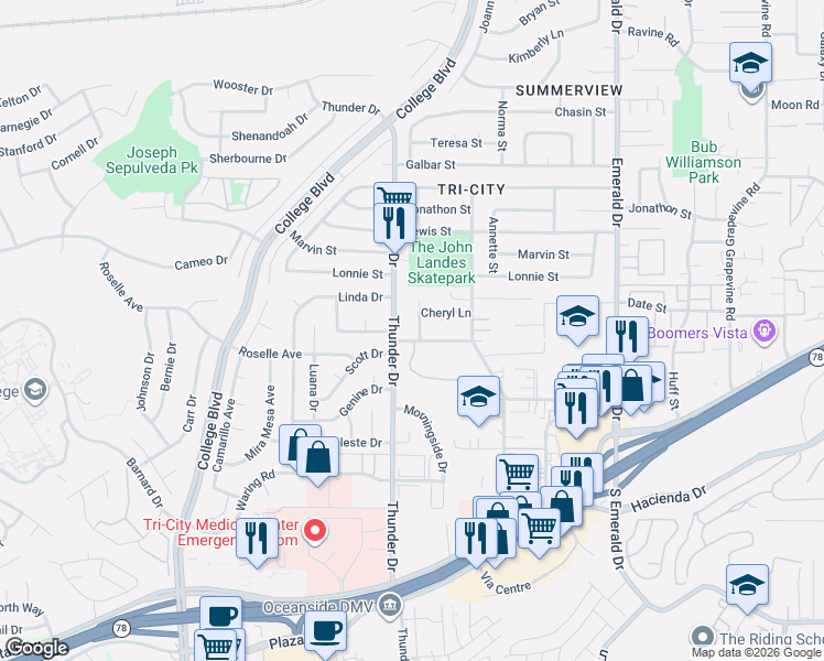 map of restaurants, bars, coffee shops, grocery stores, and more near 2936 Thunder Drive in Oceanside