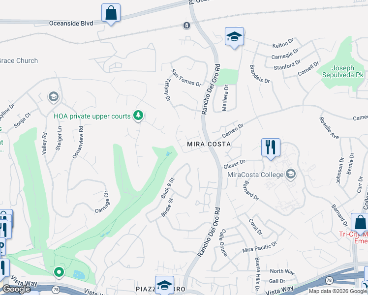 map of restaurants, bars, coffee shops, grocery stores, and more near 2189 Anda Lucia Way in Oceanside