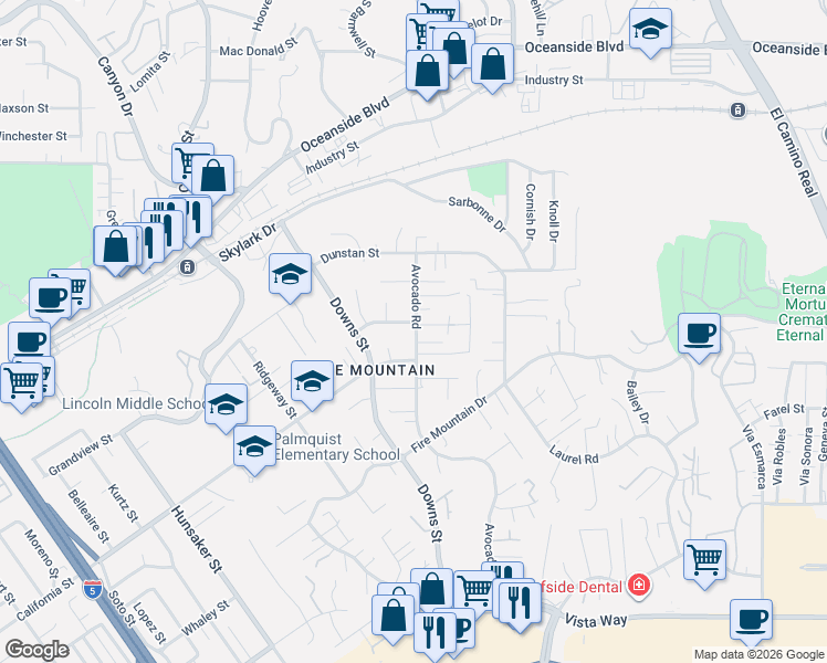 map of restaurants, bars, coffee shops, grocery stores, and more near 1509 Avocado Road in Oceanside