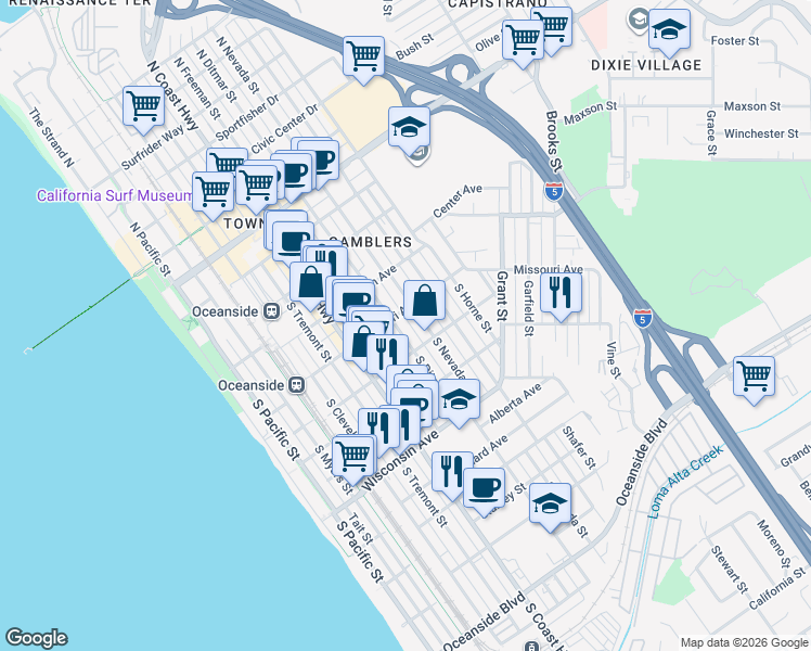 map of restaurants, bars, coffee shops, grocery stores, and more near 500 South Ditmar Street in Oceanside