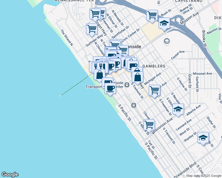 map of restaurants, bars, coffee shops, grocery stores, and more near 136 South Pacific Street in Oceanside