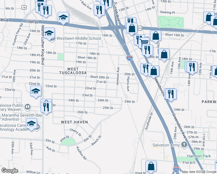 map of restaurants, bars, coffee shops, grocery stores, and more near 2661 22nd Street in Tuscaloosa