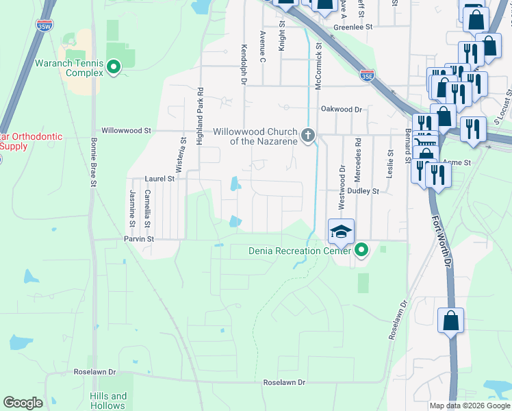 map of restaurants, bars, coffee shops, grocery stores, and more near 2026 Kendolph Drive in Denton