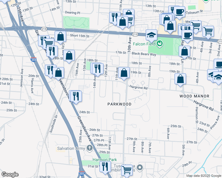 map of restaurants, bars, coffee shops, grocery stores, and more near 9 Meadowlawn Drive in Tuscaloosa
