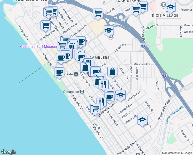 map of restaurants, bars, coffee shops, grocery stores, and more near 321 South Freeman Street in Oceanside