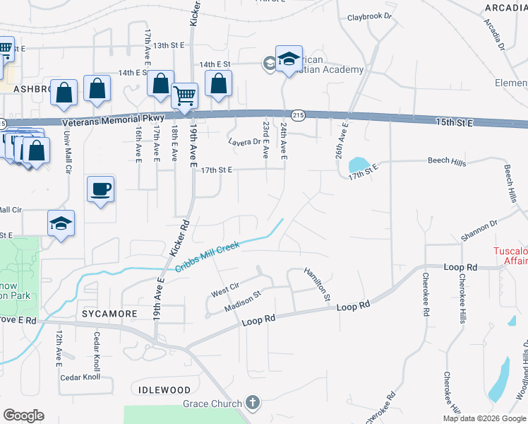 map of restaurants, bars, coffee shops, grocery stores, and more near 2310 Cross Creek Drive in Tuscaloosa