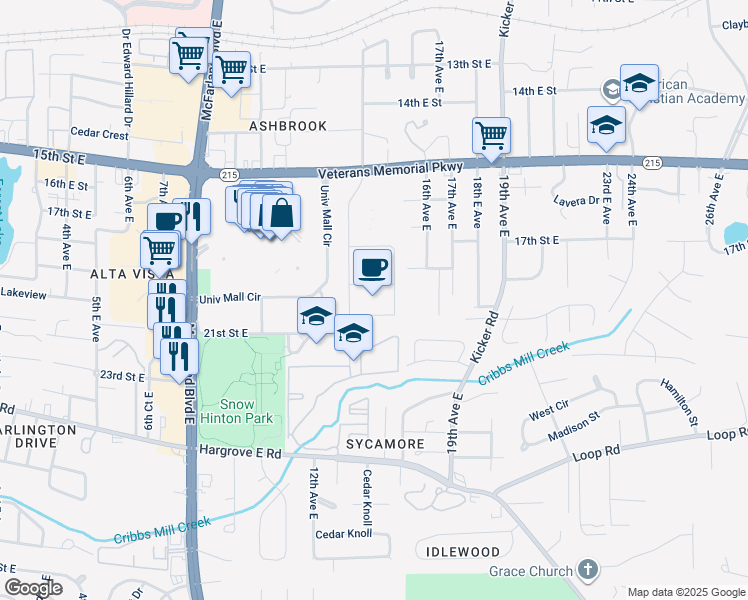 map of restaurants, bars, coffee shops, grocery stores, and more near 1901 13th Avenue East in Tuscaloosa