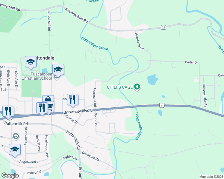 map of restaurants, bars, coffee shops, grocery stores, and more near 7000 University Blvd E in Tuscaloosa