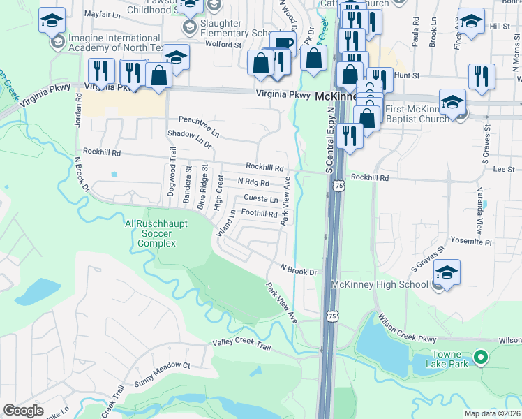 map of restaurants, bars, coffee shops, grocery stores, and more near 2313 Foot Hill Road in McKinney