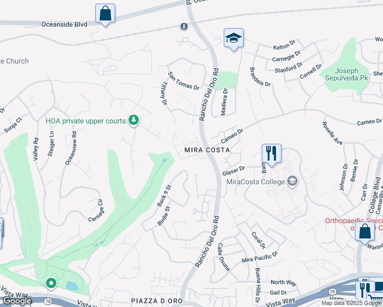 map of restaurants, bars, coffee shops, grocery stores, and more near 3003 Andorra Way in Oceanside