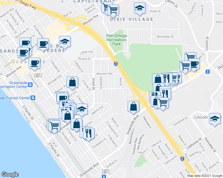 map of restaurants, bars, coffee shops, grocery stores, and more near 1501-1519 East Minnesota Avenue in Oceanside