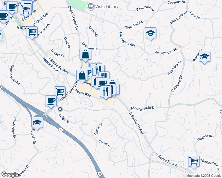 map of restaurants, bars, coffee shops, grocery stores, and more near 1036 South Santa Fe Avenue in Vista