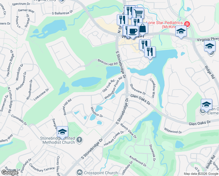 map of restaurants, bars, coffee shops, grocery stores, and more near 7015 Old York Road in McKinney