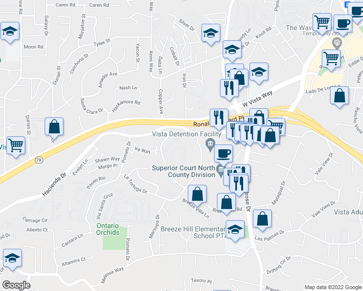 map of restaurants, bars, coffee shops, grocery stores, and more near 867 Wandering Road in Vista