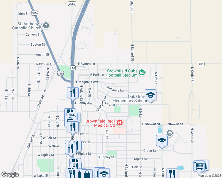 map of restaurants, bars, coffee shops, grocery stores, and more near 700 Shinnery Lane in Brownfield