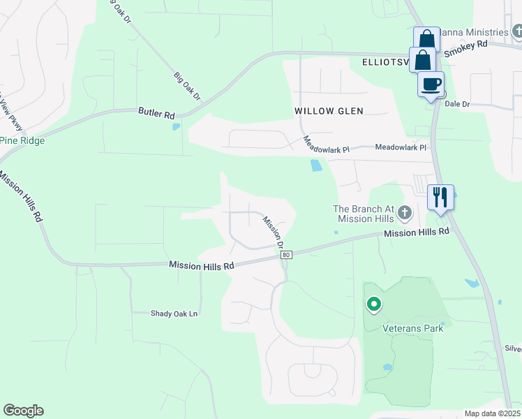 map of restaurants, bars, coffee shops, grocery stores, and more near 147 Mission Drive in Alabaster