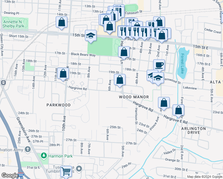 map of restaurants, bars, coffee shops, grocery stores, and more near 538 Hargrove Road in Tuscaloosa