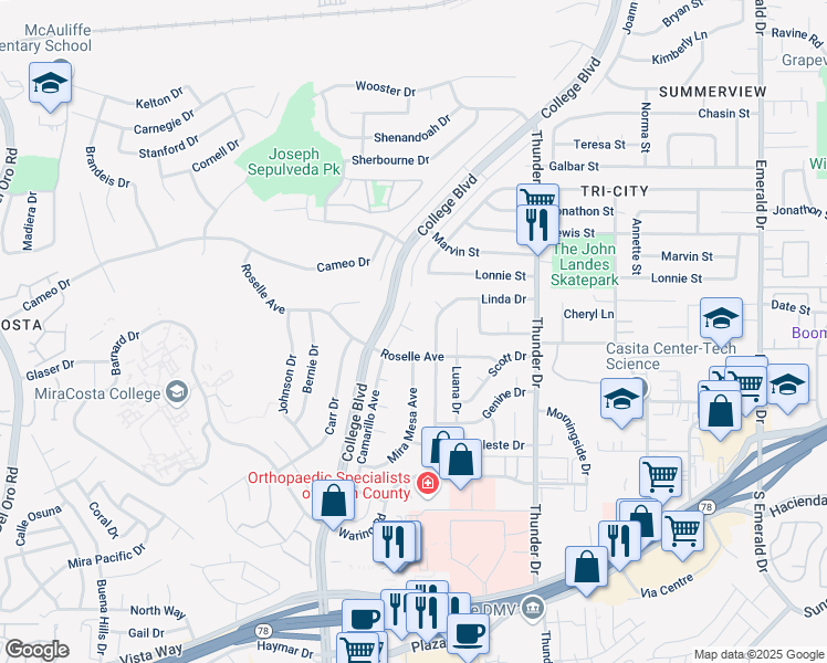 map of restaurants, bars, coffee shops, grocery stores, and more near 4120 Costa Del Rey in Oceanside