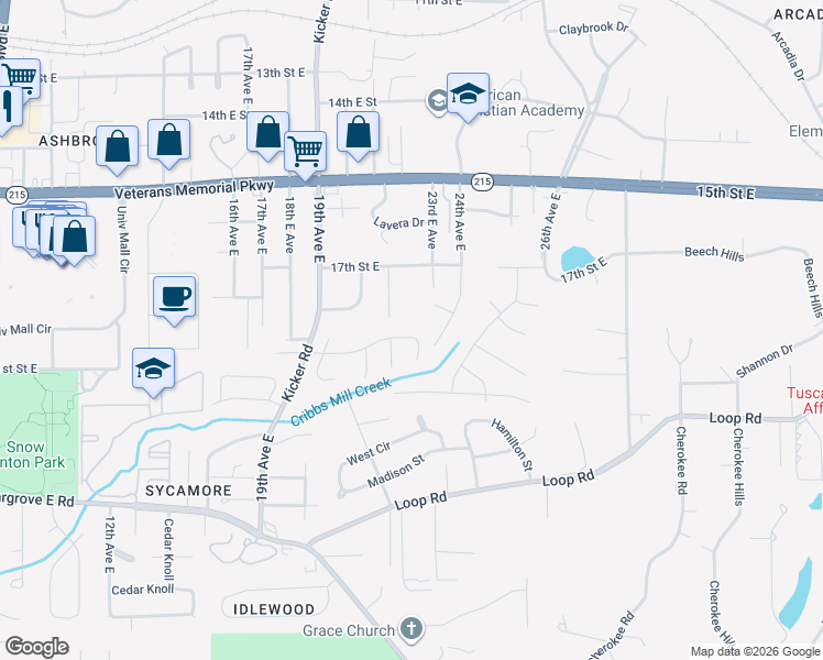 map of restaurants, bars, coffee shops, grocery stores, and more near 2310 Cross Creek Drive in Tuscaloosa